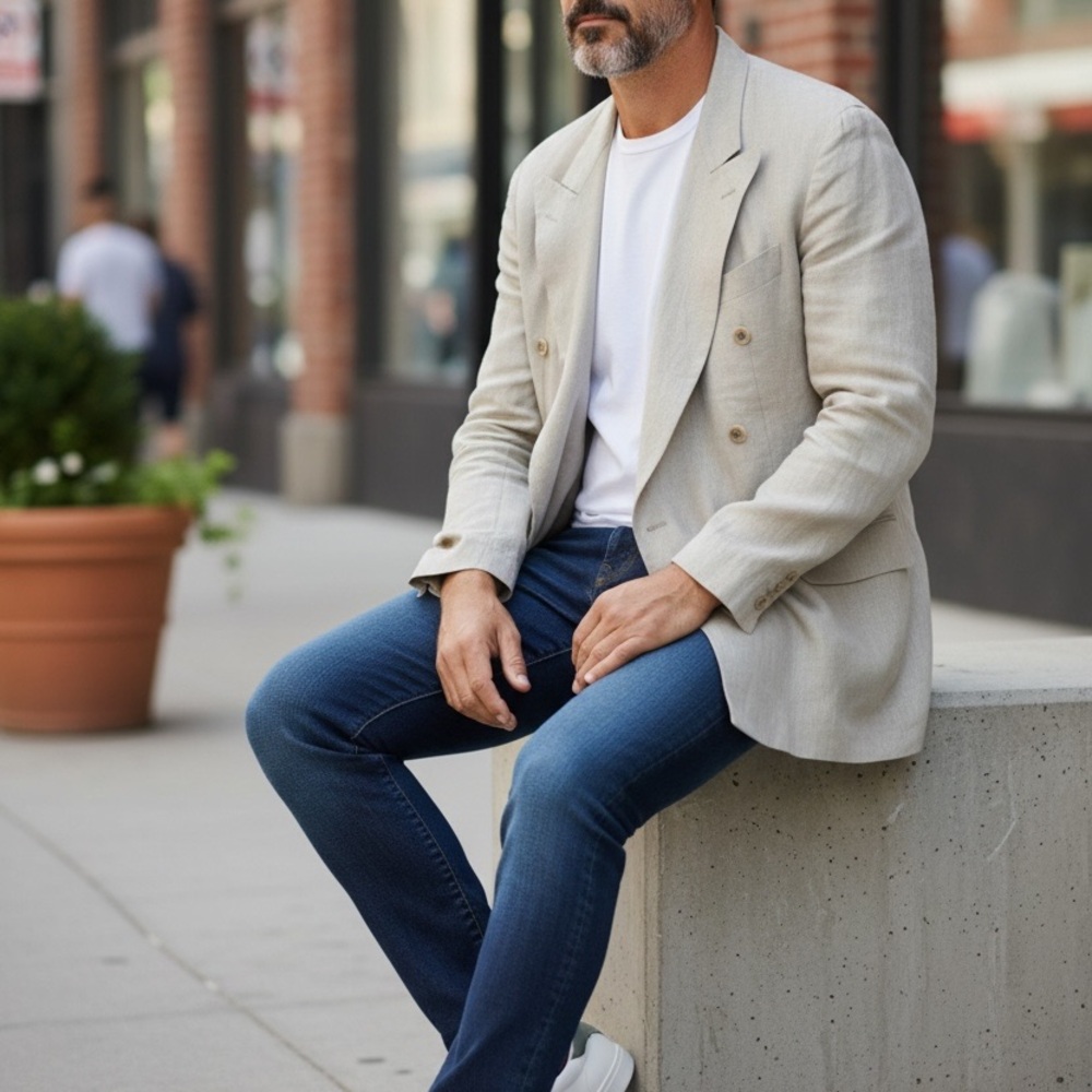 Men's Stone colored Double-Breasted Silk Linen Blazer